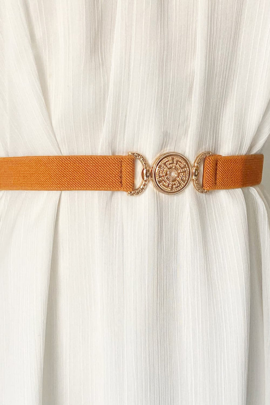 Caramel elasticated belt with medallion buckle detail