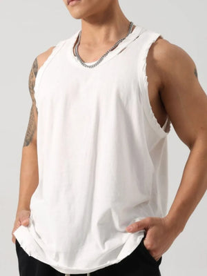 White relaxed fit tank top with raw edge details and a crew neckline.