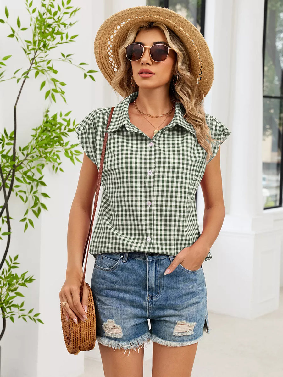 Blue with Plaid Button Up Cap Sleeve Shirt