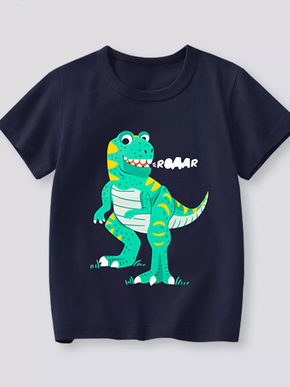 Navy t-shirt with green dinosaur graphic and ROAR text
