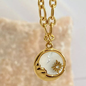 necklace featuring celestial in Sun with 18K Gold-Plated, Titanium Steel, Pearl Shell Care instructions: Avoid wearing du