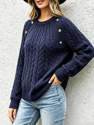Navy Blue pullover sweater featuring cable-knit and cable knit