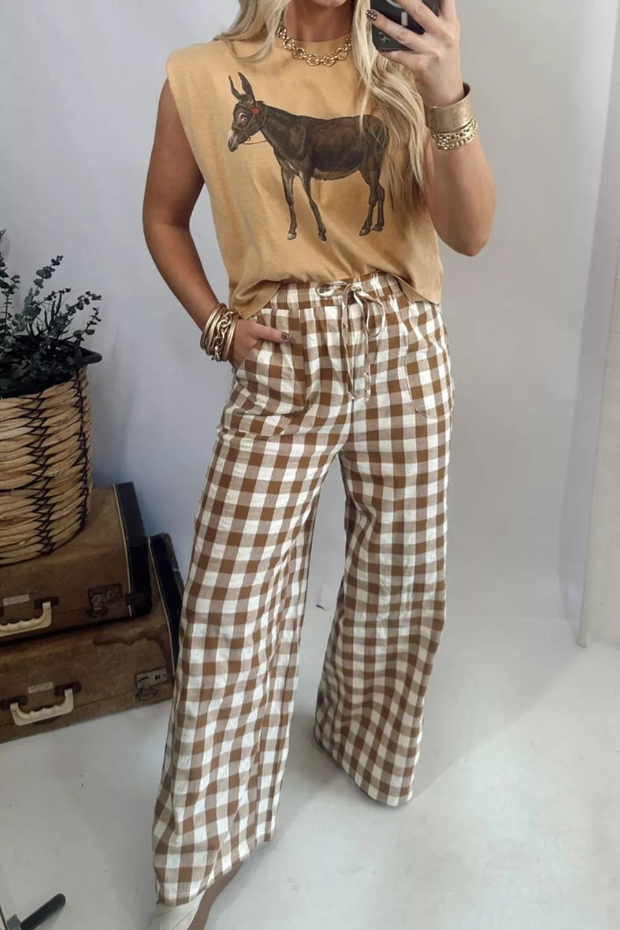 Gingham Plaid Tie Elastic Waist Shift Pants option 4