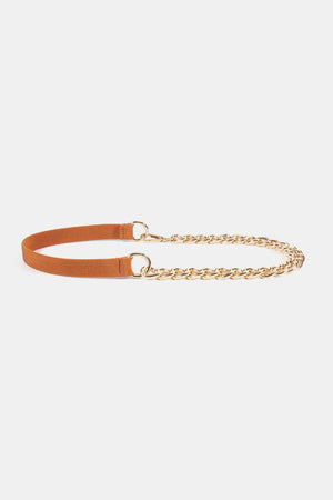 Brown elastic waist belt with gold chain detail and gold hardware