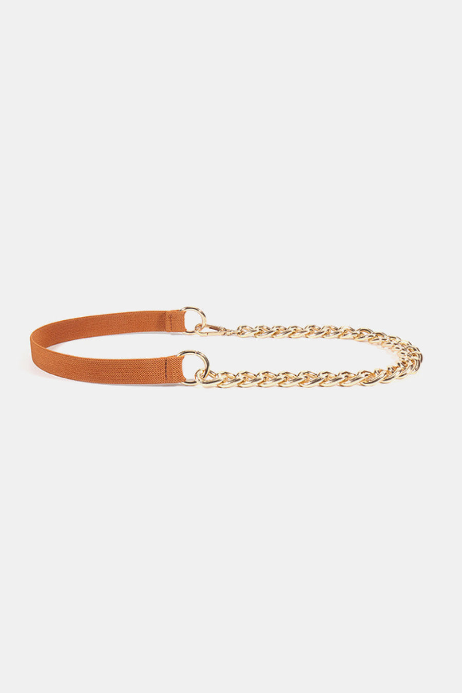Brown elastic waist belt with gold chain detail and gold hardware