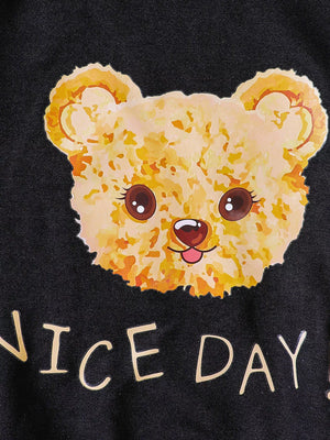 Black crew-neck sweatshirt with a graphic teddy bear face and "NICE DAY" text.