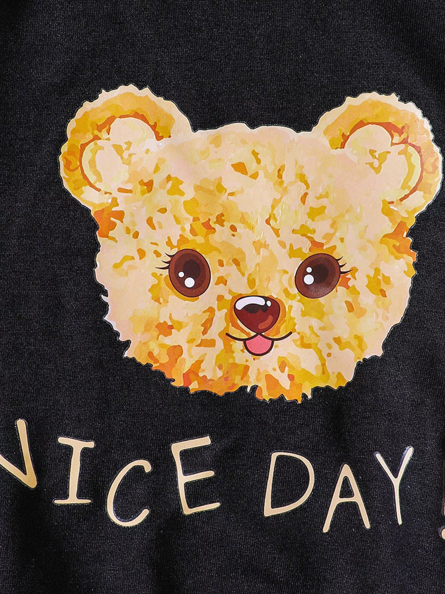 Black crew-neck sweatshirt with a graphic teddy bear face and "NICE DAY" text.
