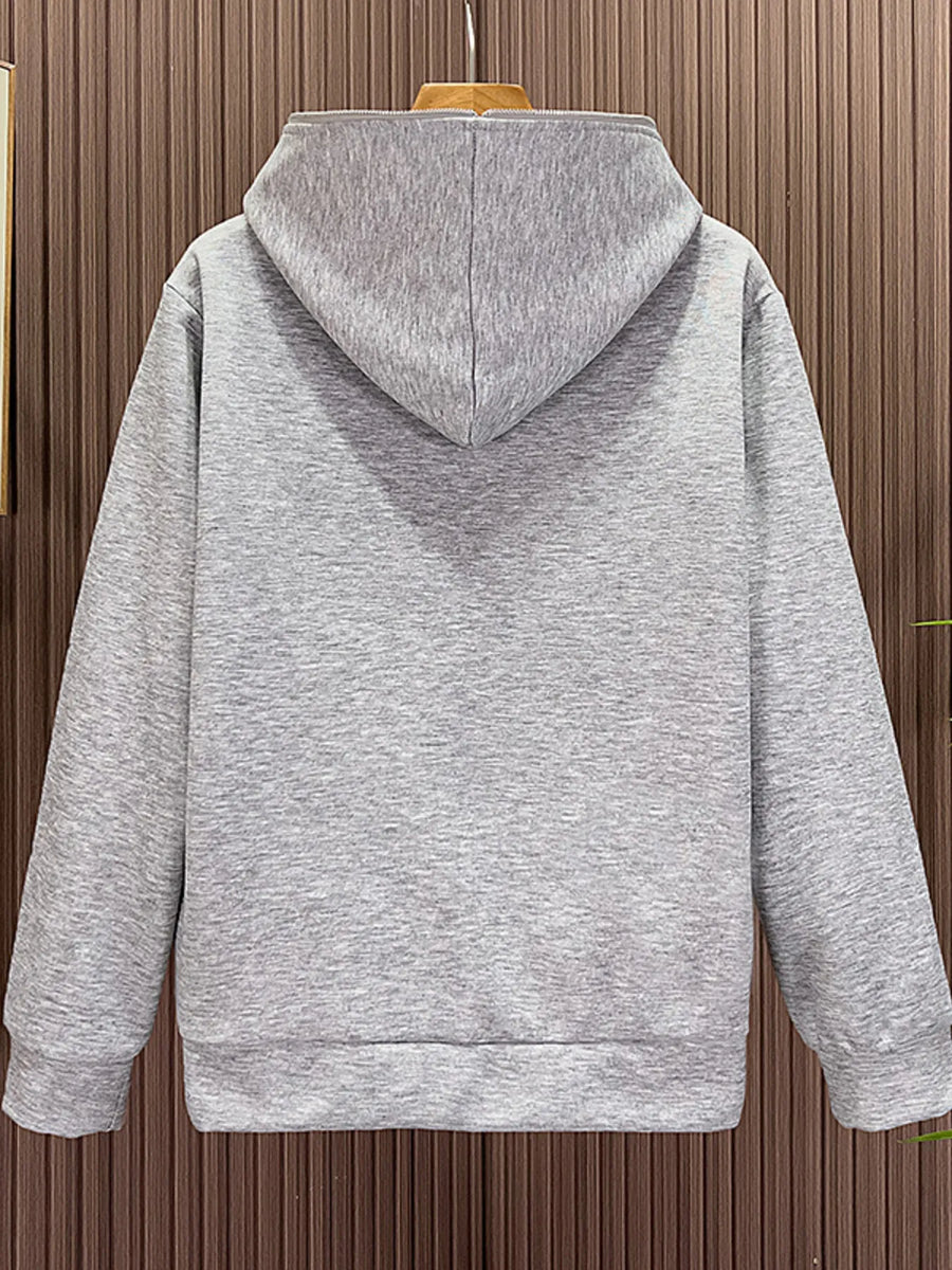 Men's gray zippered long-sleeve hoodie with a hood and ribbed cuffs and hem.