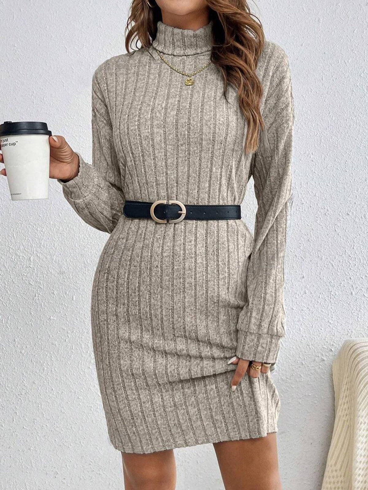 taupe sweater dress with ribbed and turtleneck