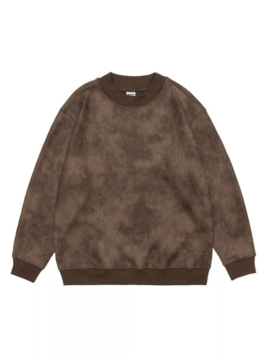 Oversized round-neck sweatshirt in coffee corduroy with a tie-dye effect.