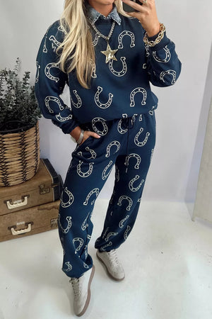 navy blue lounge set with horseshoe print and crew neck