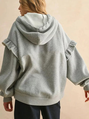 Contrast Rope Drawstring Ruffle Hoodie in Gray