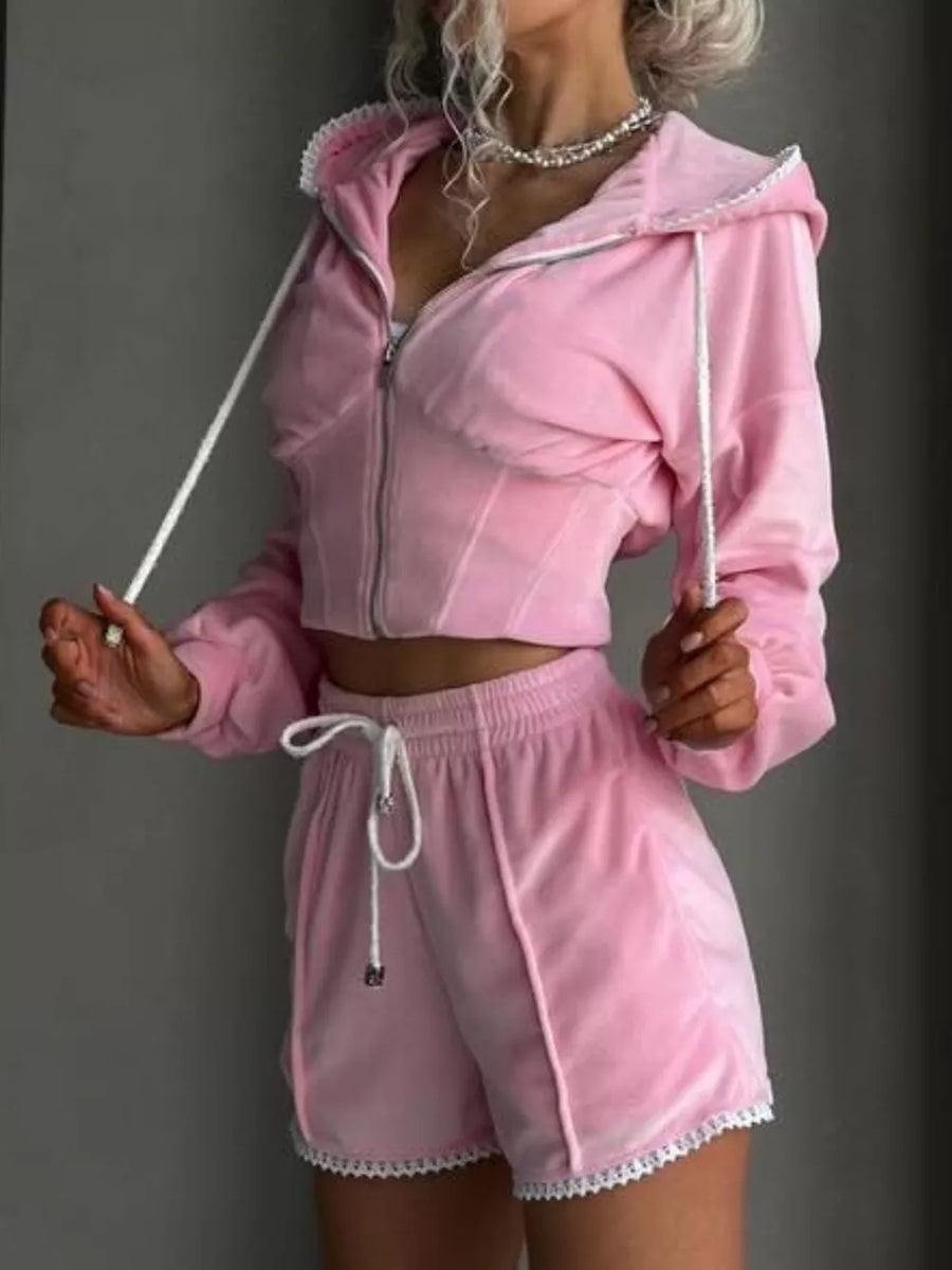 Zip Up Hooded Outerwear And Shorts Set, view 19