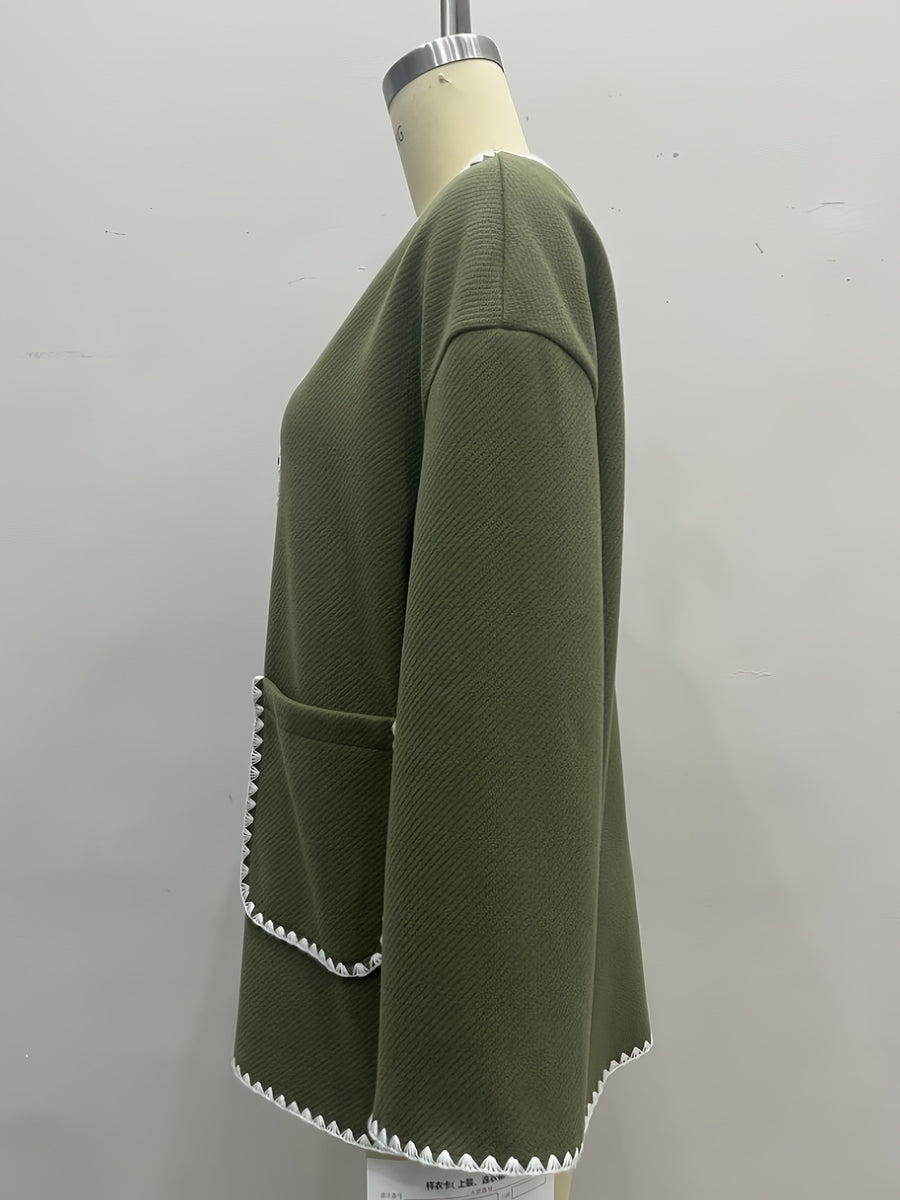 olive green blazer with contrast trim and long sleeve