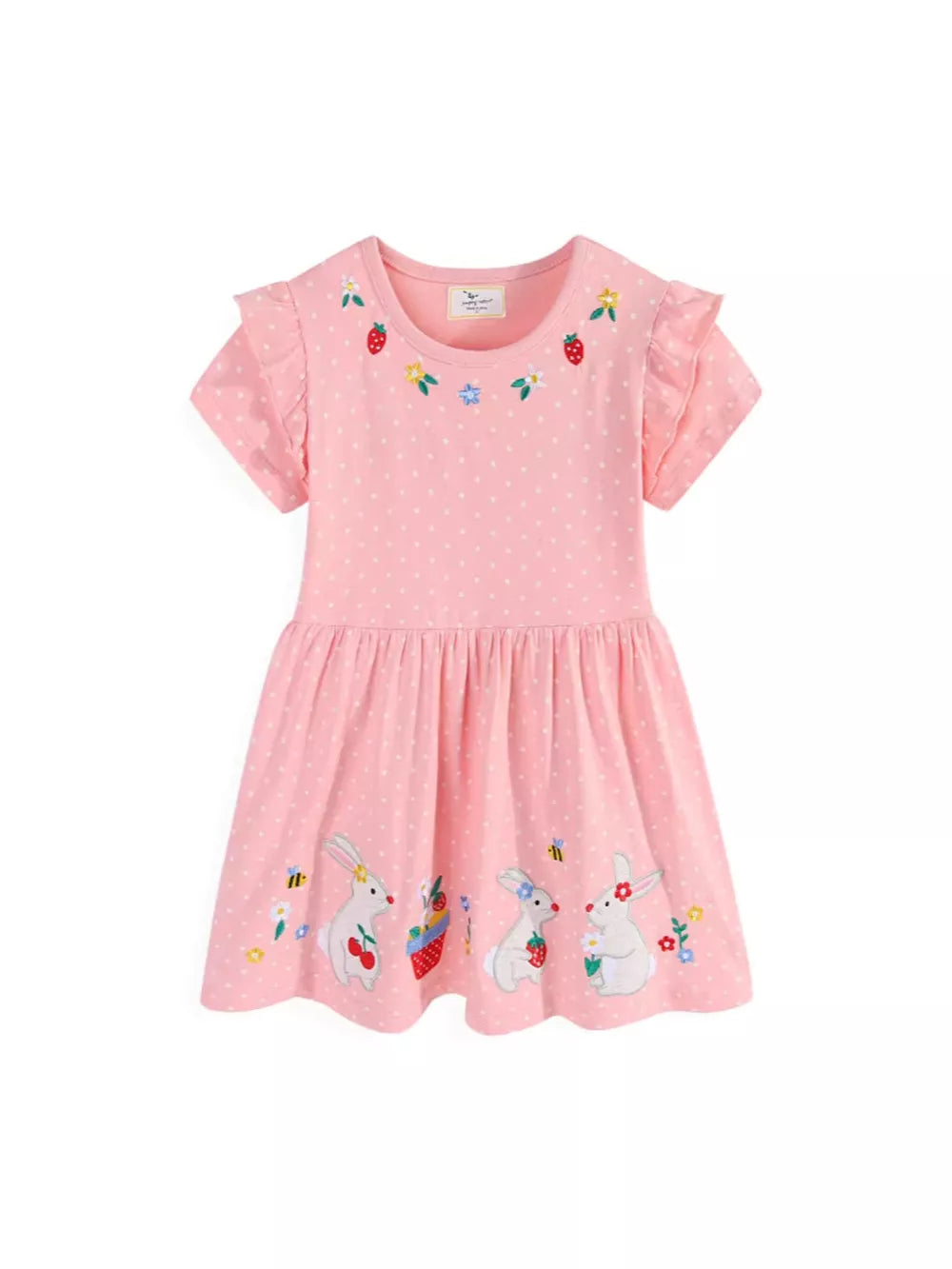 Pink polka dot cotton dress with embroidered bunnies, strawberries, and flowers. Ruffled sleeves.