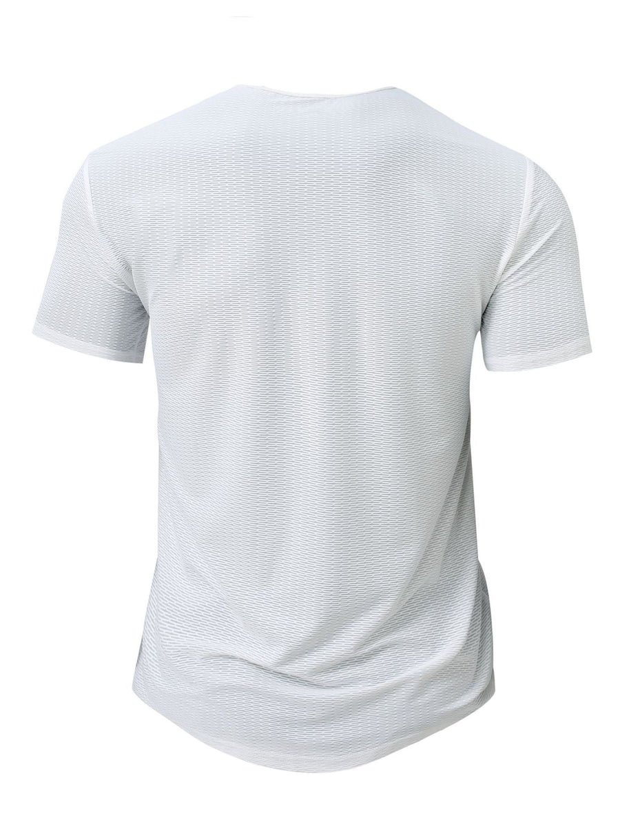 White men's active t-shirt with crew neck and short sleeves, featuring a breathable textured fabric.