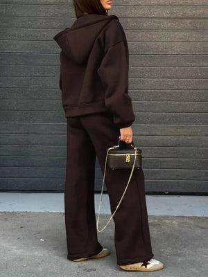 Zip-up Hoodie And Wide-leg Sweatpants Set in light pink with drawstring