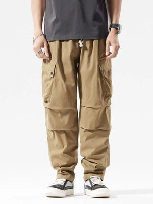 Men's khaki cargo sweatpants with drawstring waist and multiple pockets.