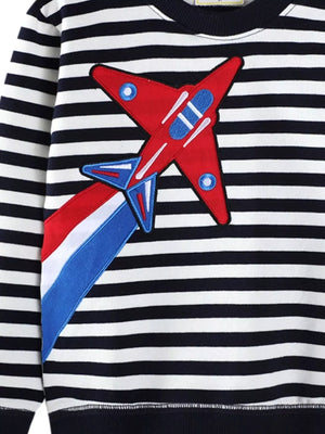 Black striped sweatshirt with red airplane applique and red, white, and blue tail.