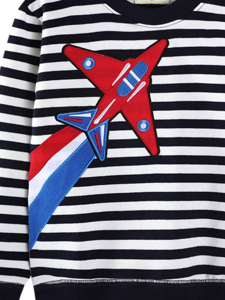Black striped sweatshirt with red airplane applique and red, white, and blue tail.
