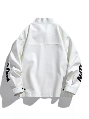 Oversized ivory leather jacket with black text detail on sleeves.