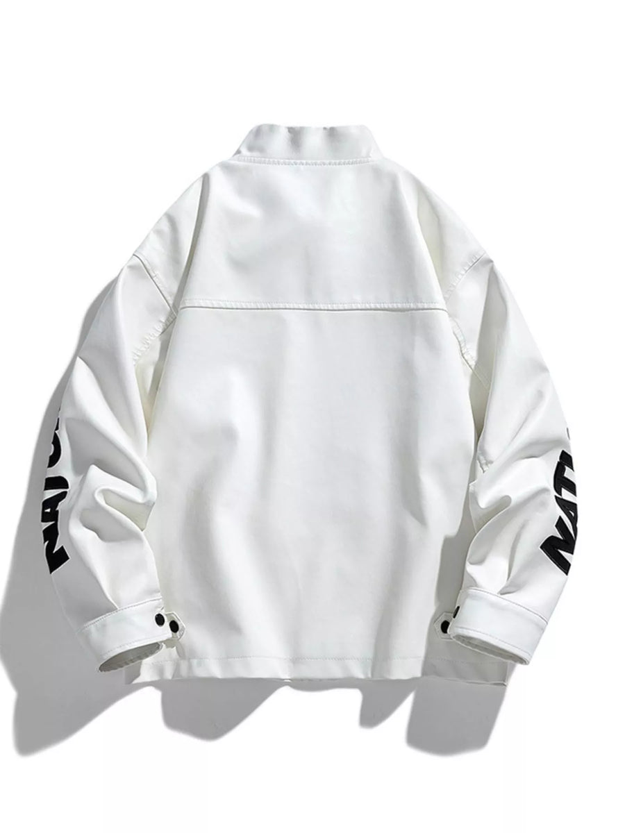 Oversized ivory leather jacket with black text detail on sleeves.