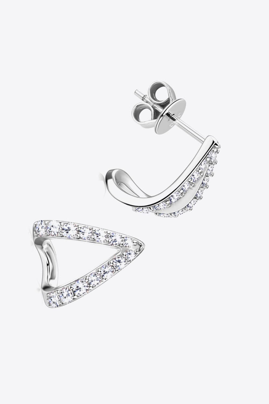 Silver geometric moissanite open-hoop earrings with pavé-set stones.