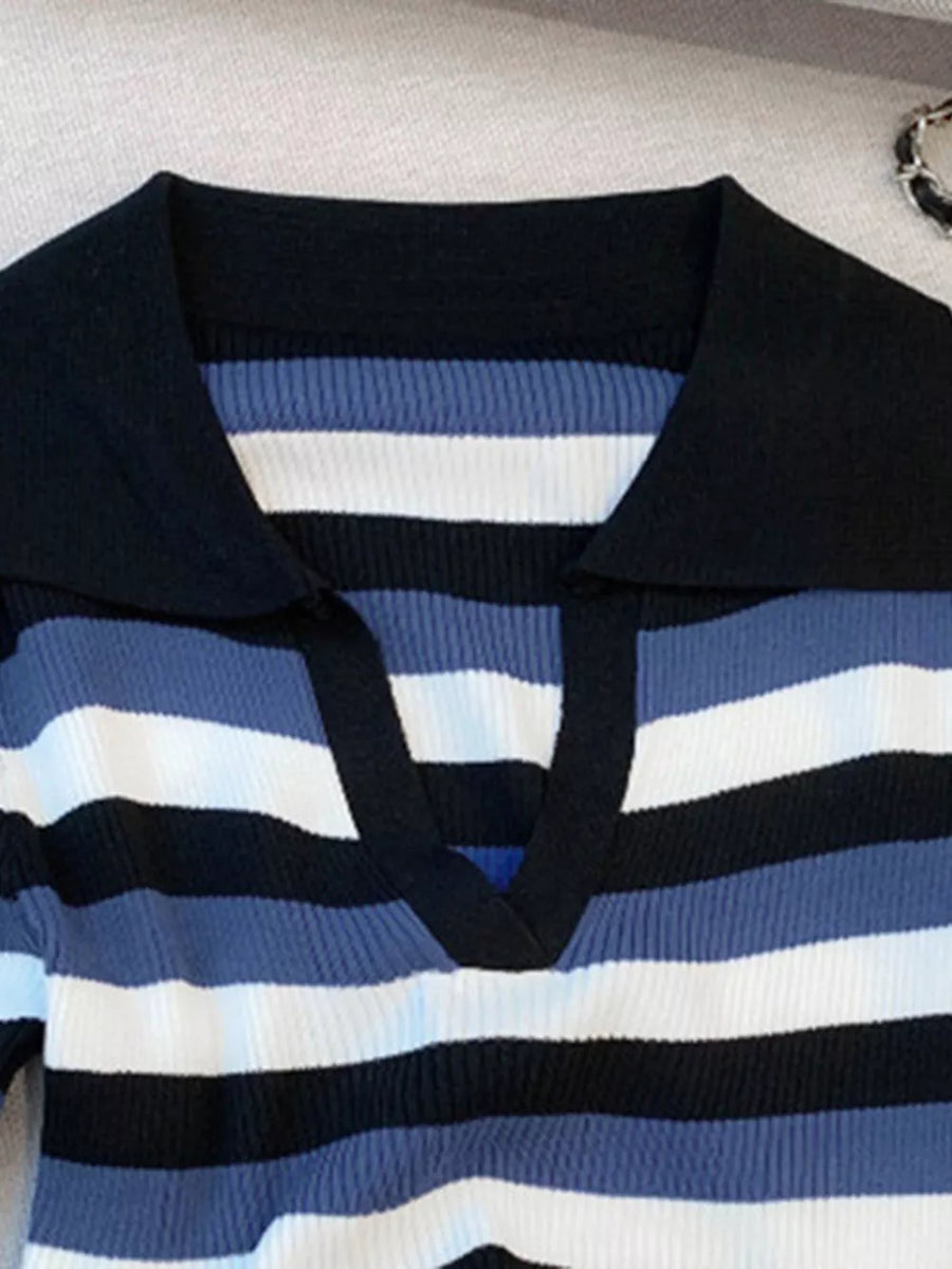 Striped Collared Cropped Knit Top option 7