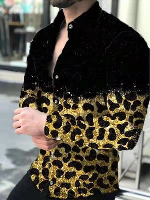 Leopard print button-down shirt with black upper half and gold leopard pattern.