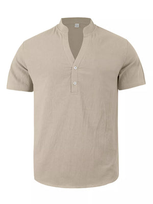 Khaki linen blend men's short sleeve band collar shirt with button placket.