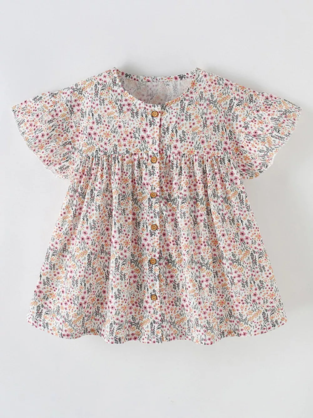 Toddler floral print cotton dress with ruffle sleeves and button front.