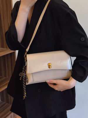 Leather Flap Shoulder Bag in Off-white