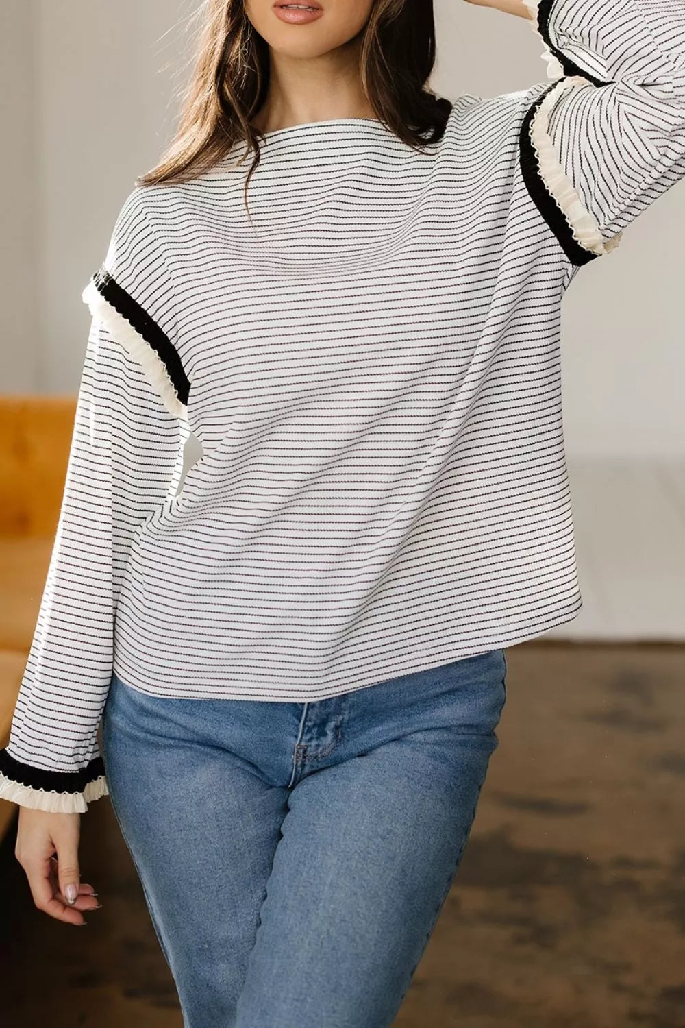 Stripe with Stripe Contrasted Ruffle Trim Loose Long Sleeve Top