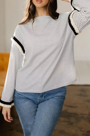 Stripe with Stripe Contrasted Ruffle Trim Loose Long Sleeve Top