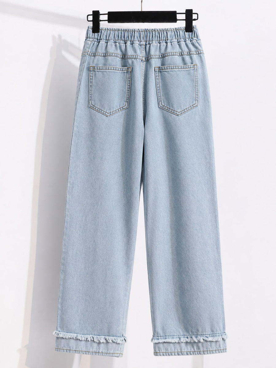 light blue wide-leg jeans with ankle-length and drawstring
