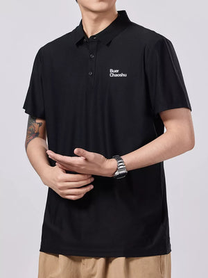 Black short-sleeve cotton polo shirt with button detail and embroidered logo