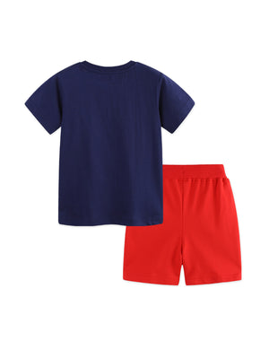Boys' navy cotton t-shirt and red shorts set