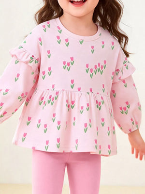 90% cotton, 10% polyester Care instructions: Machine wash cold peplum top and leggings set in light pink with flared