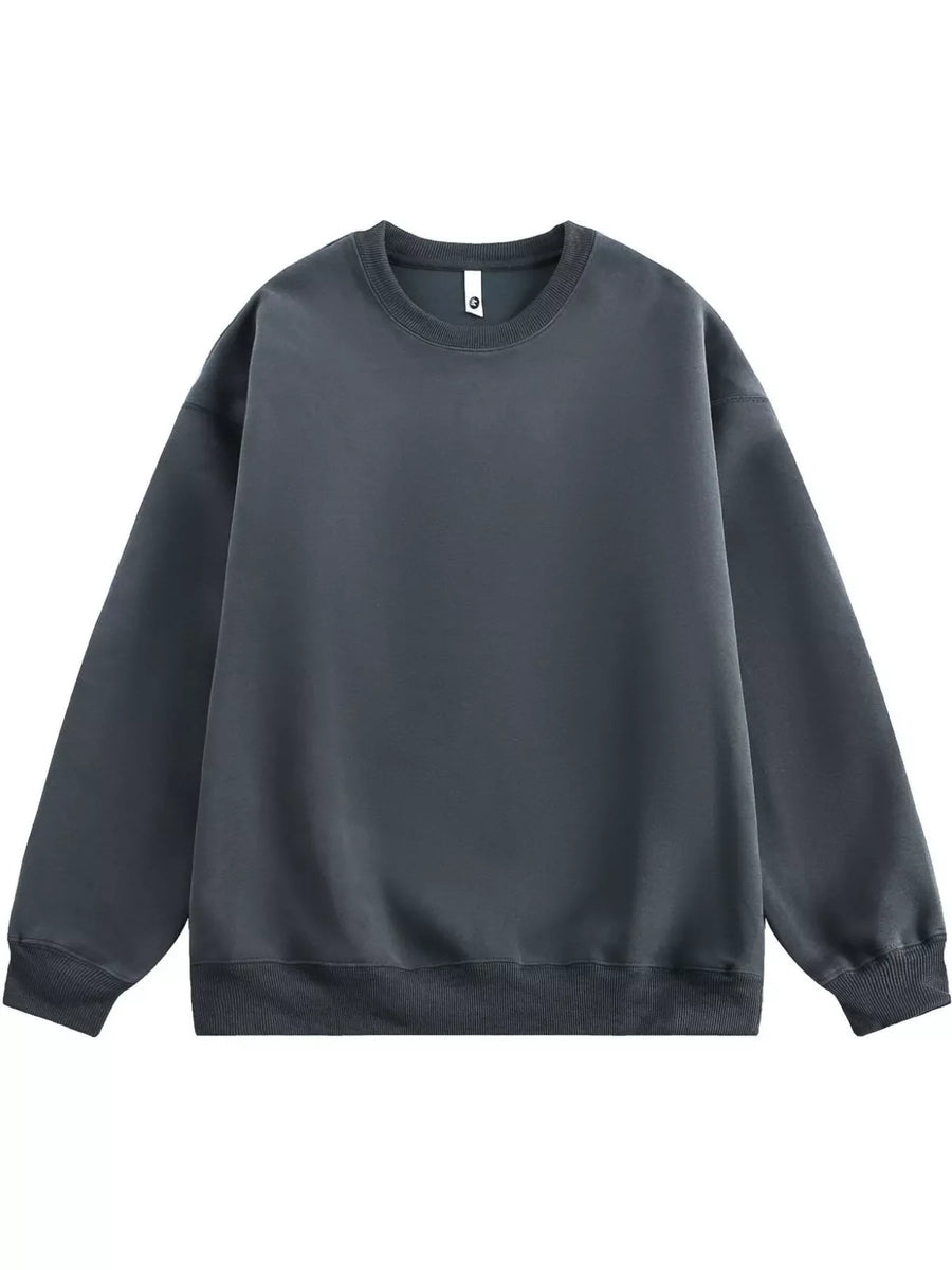 Oversized crew-neck sweatshirt in dark gray with ribbed cuffs and hem.