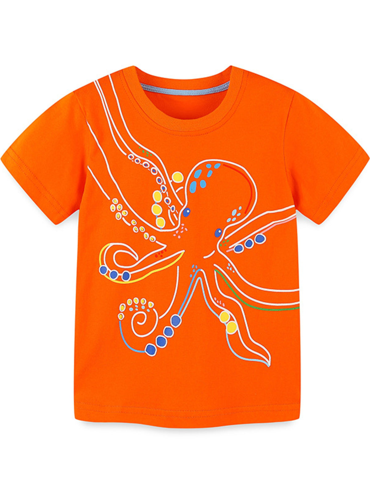 Orange cotton crew-neck t-shirt with playful white octopus graphic and colorful accents.