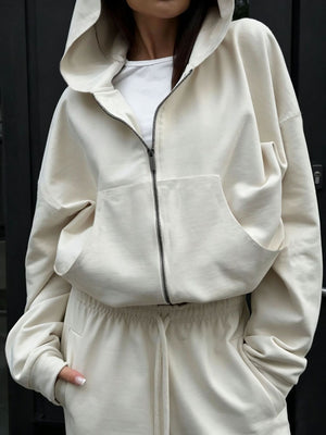 White lounge set with cropped and zip-front