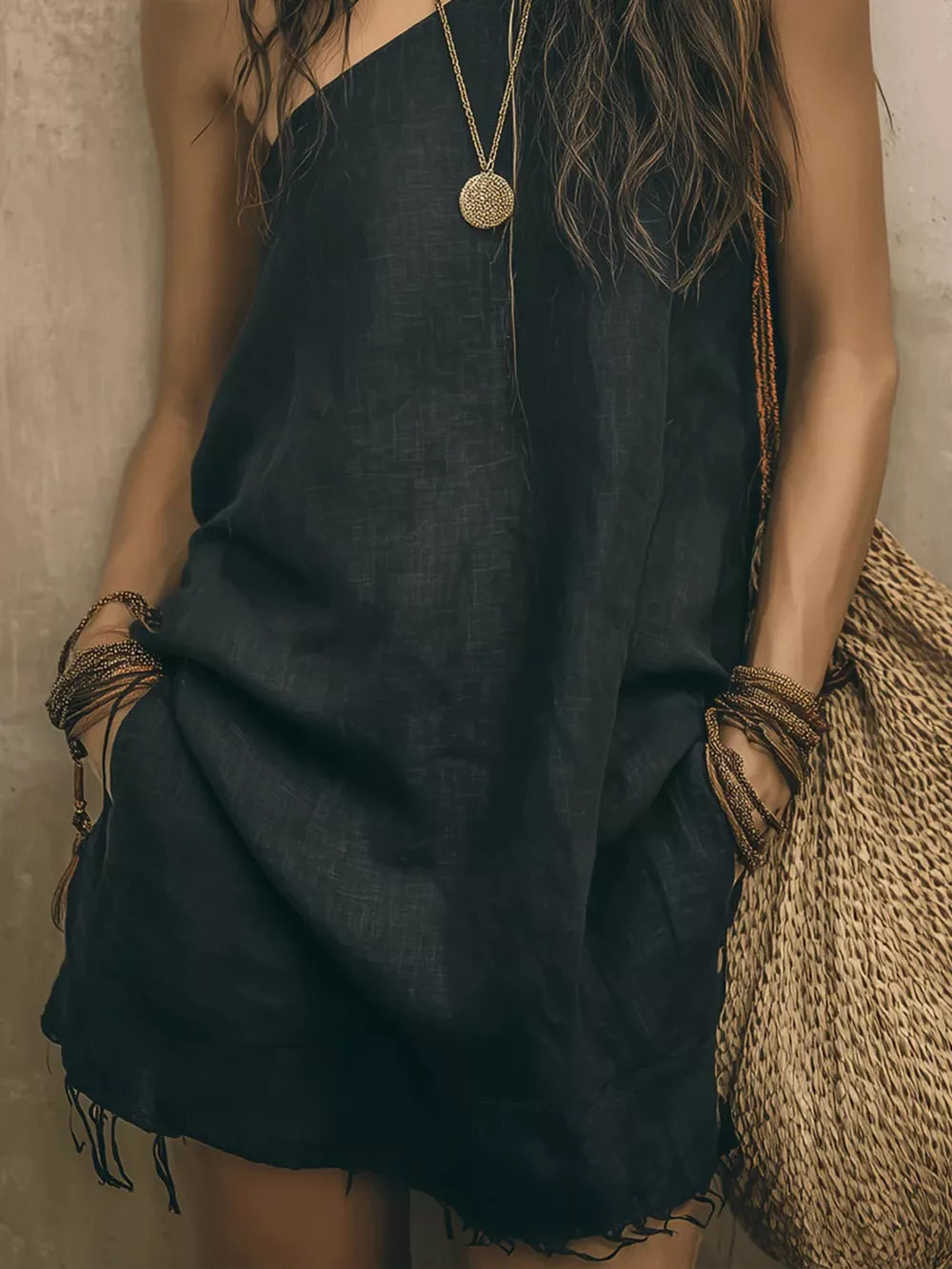 bohemian mini dress in Coffee Brown with one-shoulder