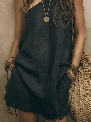 bohemian mini dress in Coffee Brown with one-shoulder