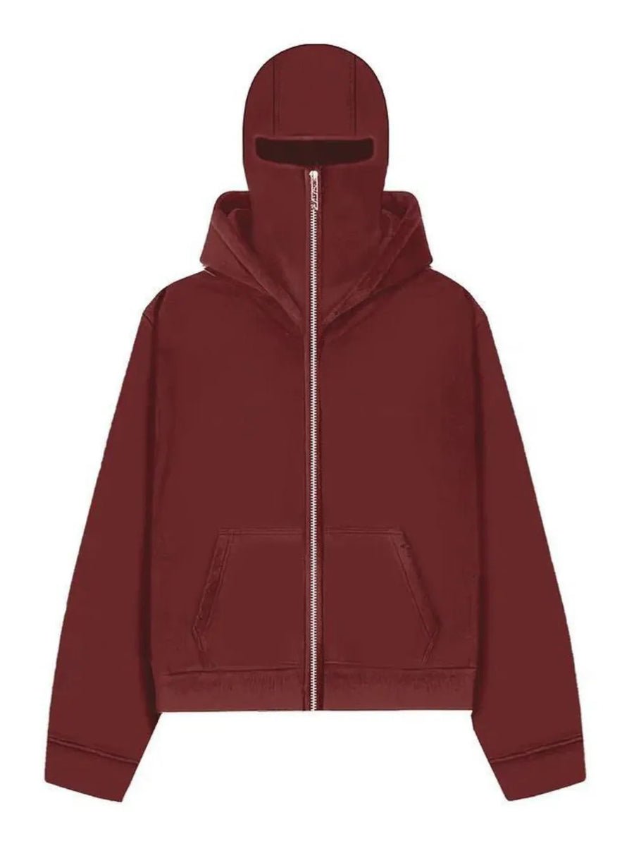 Burgundy zip-up hoodie with integrated balaclava hood and front pocket.