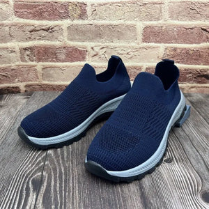 Dark Navy sock-fit knit platform slip-on sneakers with a textured knit upper and light gray sole.