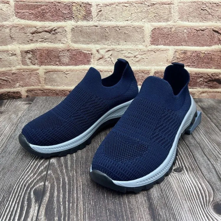 Dark Navy sock-fit knit platform slip-on sneakers with a textured knit upper and light gray sole.