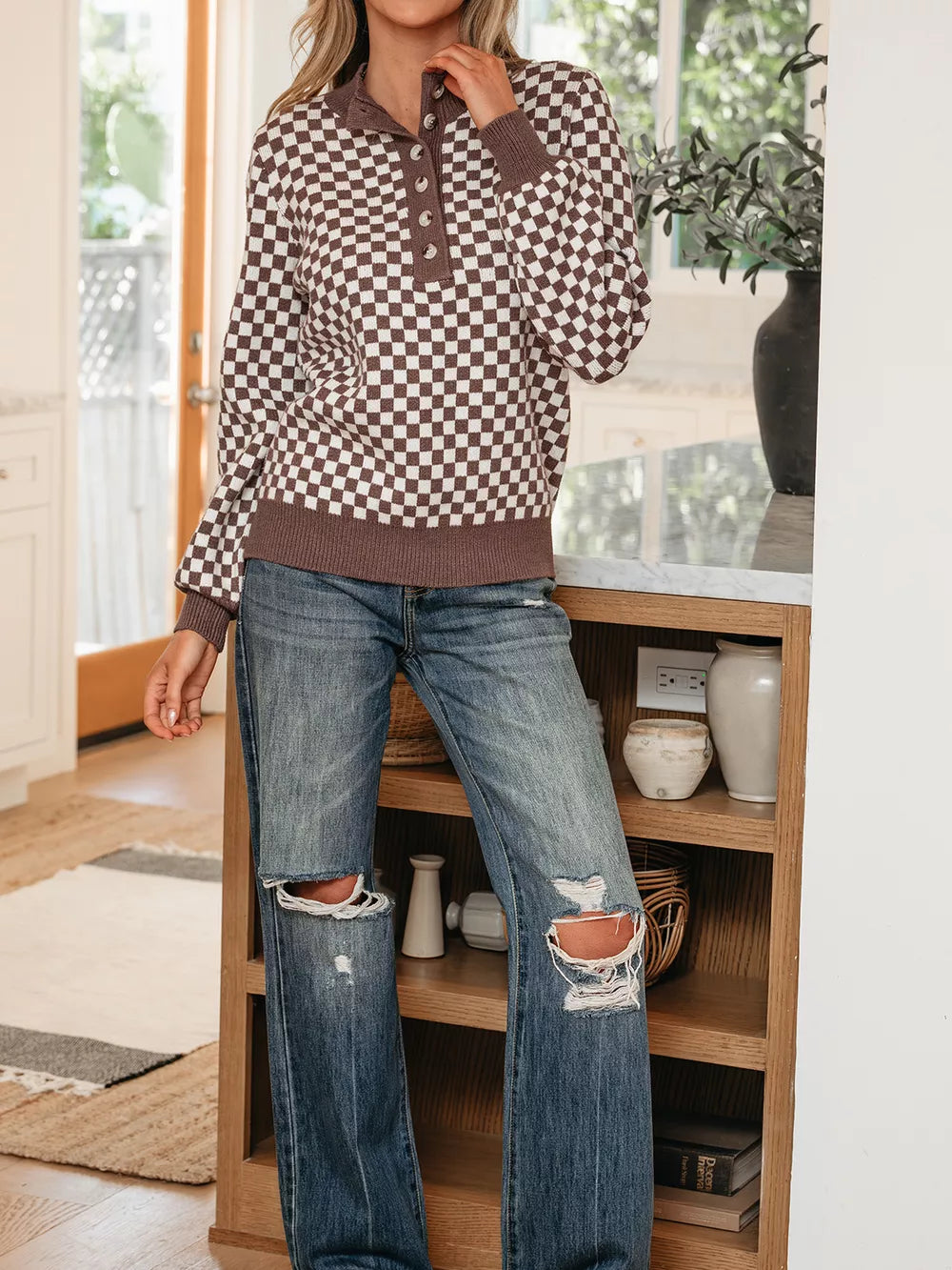 pullover sweater in Mocha with checkerboard and buttoned