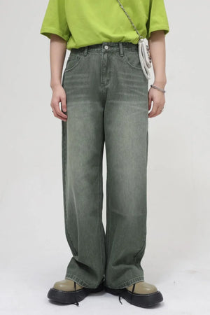 Faded olive wide leg denim jeans with a relaxed fit and classic five-pocket styling.