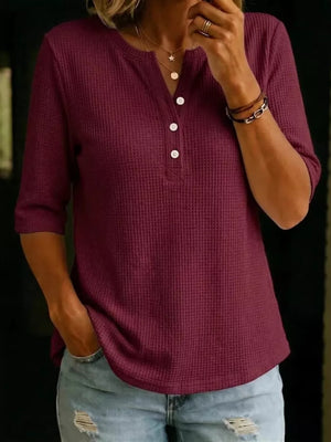 Burgundy Full Size Waffle Knit Henley T-shirt Plus Size