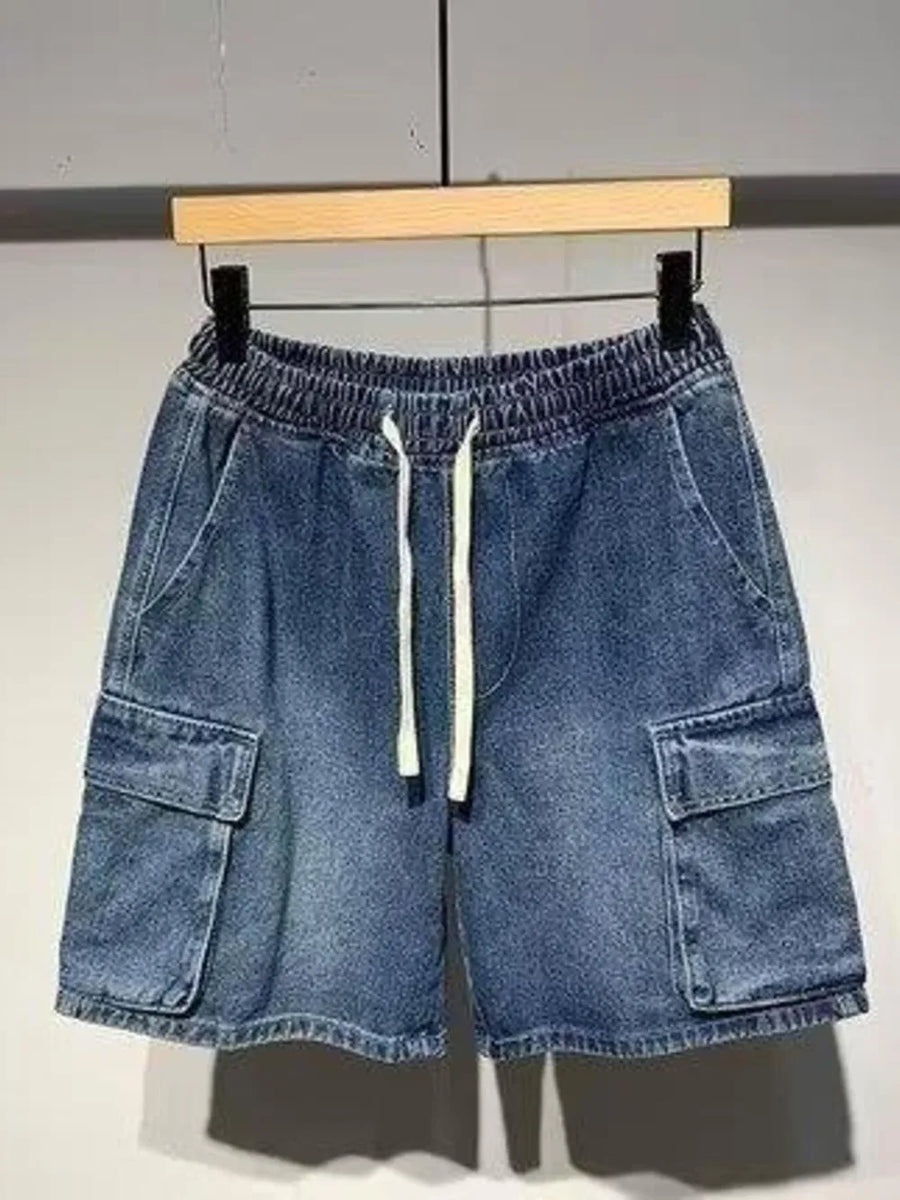 Men's light blue denim cargo shorts with elastic waist and drawstring.